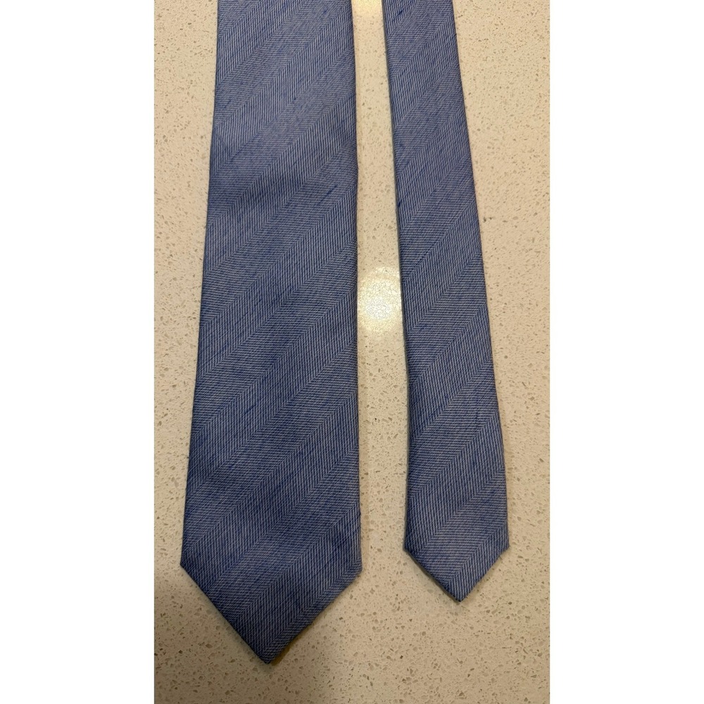 Brioni Mens Blue Herringbone Silk Linen Cotton Tie Hand Made in Italy 3.25"